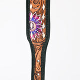 Hilason Sunflower Floral Hand Tooled Strong Genuine Leather Dog Collar Black/Tan