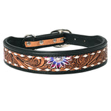 Hilason Sunflower Floral Hand Tooled Strong Genuine Leather Dog Collar Black/Tan