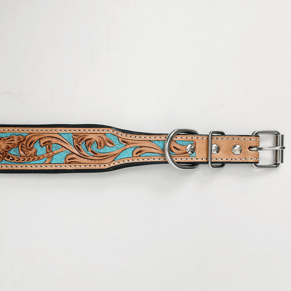 Stylish Turquoise Floral Leather Dog Collar | Hilason