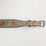 Hilason Turquoise Floral Hand Tooled Strong Genuine Leather Dog Collar Black/Tan