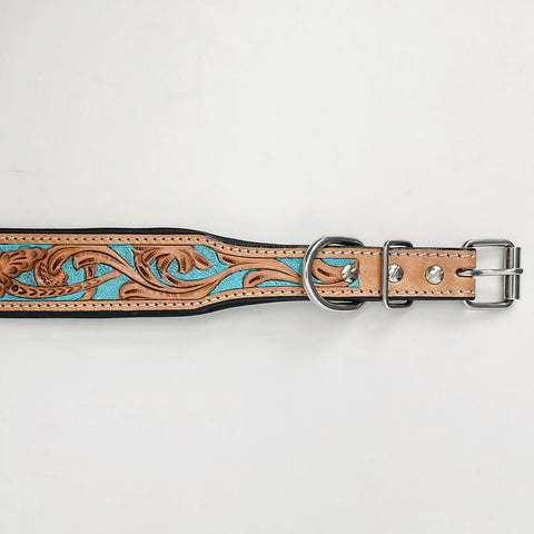 Stylish Turquoise Floral Leather Dog Collar | Hilason