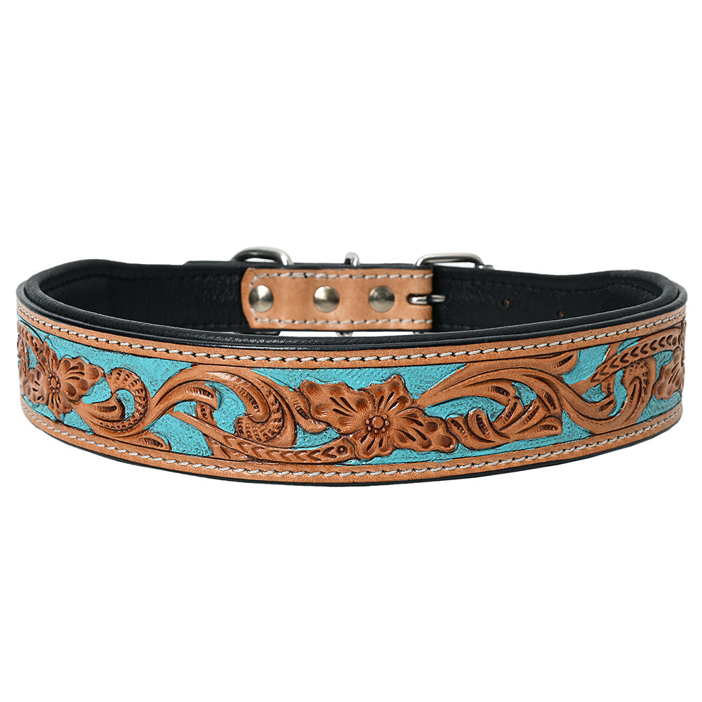 Hilason Turquoise Floral Hand Tooled Strong Genuine Leather Dog Collar Black/Tan