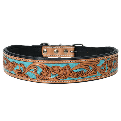 Hilason Turquoise Floral Hand Tooled Strong Genuine Leather Dog Collar Black/Tan