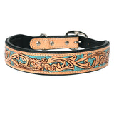 Hilason Turquoise Floral Hand Tooled Strong Genuine Leather Dog Collar Black/Tan