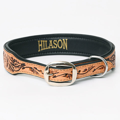 Hilason Beaded Hand Tooled Strong Genuine Leather Dog Collar Black/Tan