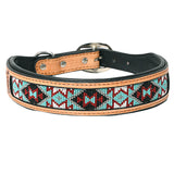 Hilason Beaded Hand Tooled Strong Genuine Leather Dog Collar Black/Tan