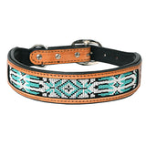 Hilason Beaded Hand Tooled Strong Genuine Leather Dog Collar Black/Tan