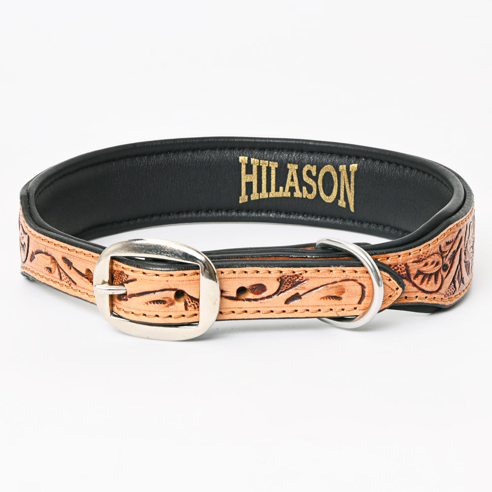 Hilason Beaded Hand Tooled Strong Genuine Leather Dog Collar Black/Tan