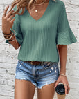 Textured Ruffle Sleeve V-Neck Top