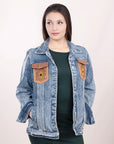 ADJKT002 Genuine leather Hand tooled hand carved Women 100% cotton Denim jacket  dress ladies girl