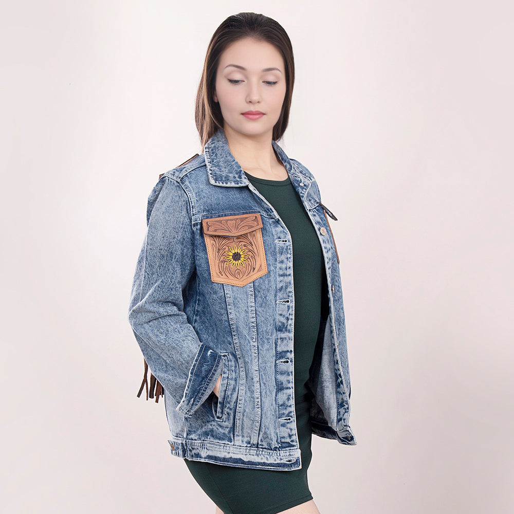 ADJKT002 Genuine leather Hand tooled hand carved Women 100% cotton Denim jacket  dress ladies girl