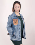 ADJKT002 Genuine leather Hand tooled hand carved Women 100% cotton Denim jacket  dress ladies girl