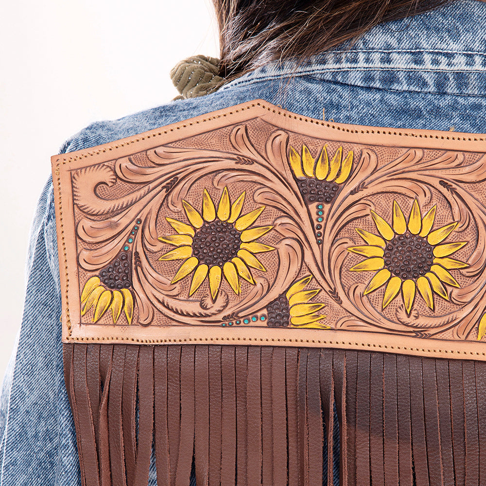 ADJKT002 Genuine leather Hand tooled hand carved Women 100% cotton Denim jacket  dress ladies girl