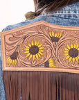 ADJKT002 Genuine leather Hand tooled hand carved Women 100% cotton Denim jacket  dress ladies girl