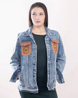ADJKT002 Genuine leather Hand tooled hand carved Women 100% cotton Denim jacket  dress ladies girl