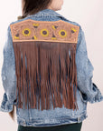 ADJKT002 Genuine leather Hand tooled hand carved Women 100% cotton Denim jacket  dress ladies girl