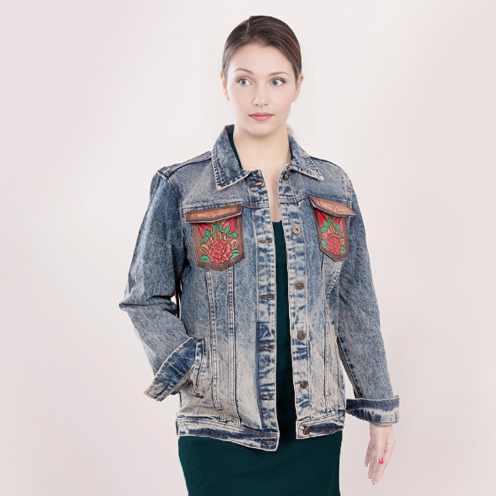 ADJKT003 Genuine leather Hand tooled hand carved Women 100% cotton Denim jacket  dress ladies girl