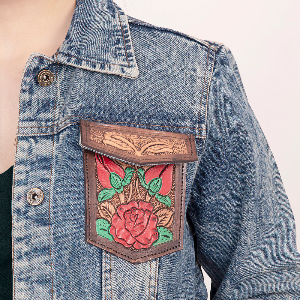 ADJKT003 Genuine leather Hand tooled hand carved Women 100% cotton Denim jacket  dress ladies girl