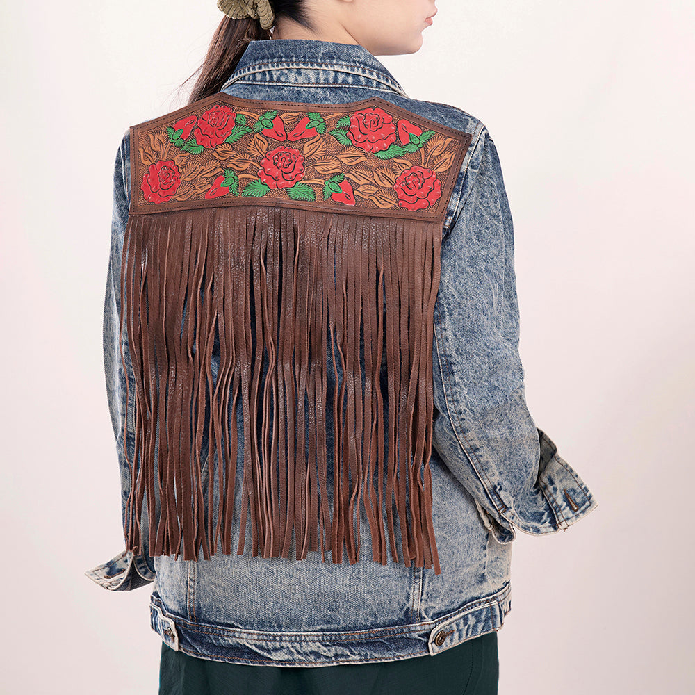 ADJKT003 Genuine leather Hand tooled hand carved Women 100% cotton Denim jacket  dress ladies girl