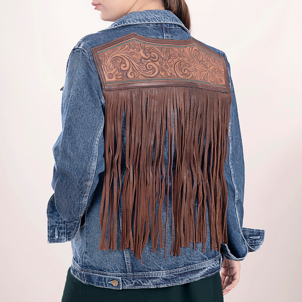 ADJKT004 Genuine leather Hand tooled hand carved Women 100% cotton Denim jacket  dress ladies girl