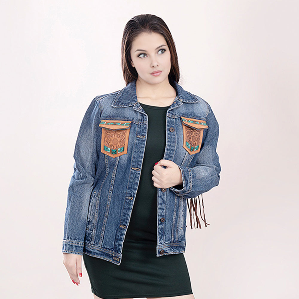 ADJKT006 Genuine leather Hand tooled hand carved Women 100% cotton Denim jacket  dress ladies girl