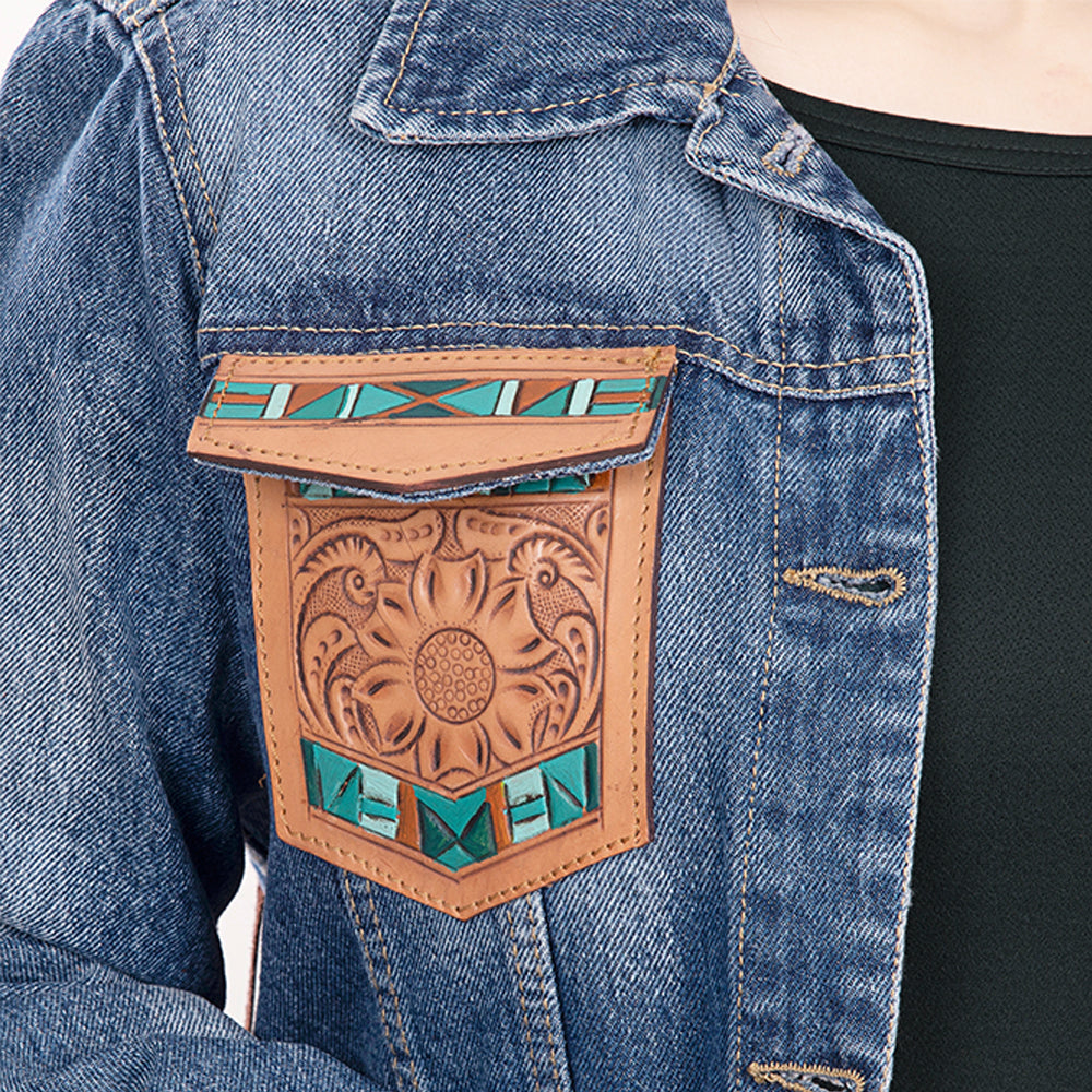 ADJKT006 Genuine leather Hand tooled hand carved Women 100% cotton Denim jacket  dress ladies girl