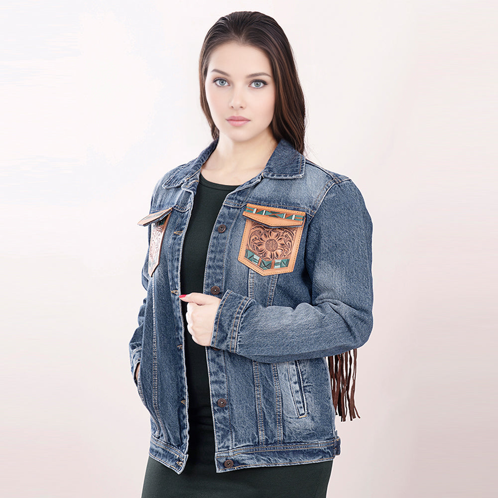 ADJKT006 Genuine leather Hand tooled hand carved Women 100% cotton Denim jacket  dress ladies girl