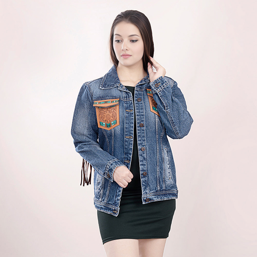 ADJKT006 Genuine leather Hand tooled hand carved Women 100% cotton Denim jacket  dress ladies girl