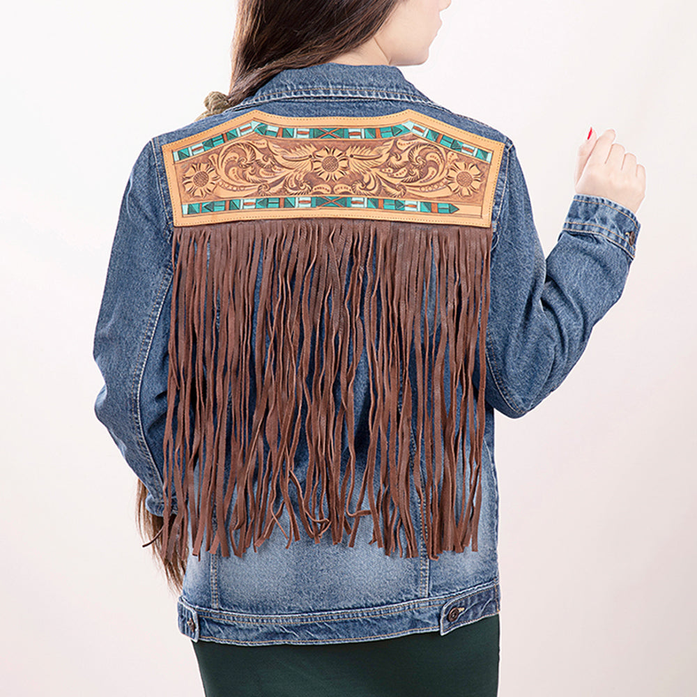 ADJKT006 Genuine leather Hand tooled hand carved Women 100% cotton Denim jacket  dress ladies girl