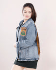 ADJKT007 Genuine leather Hand tooled hand carved Women 100% cotton Denim jacket  dress ladies girl