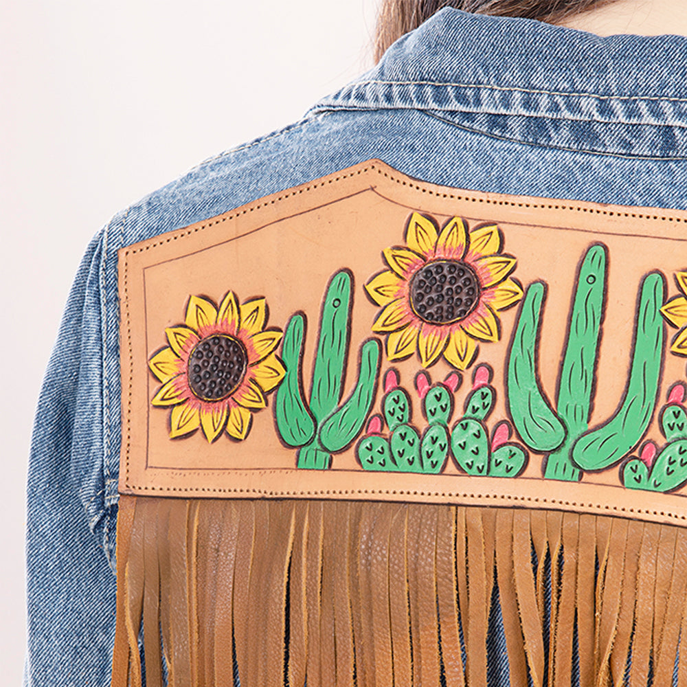 ADJKT007 Genuine leather Hand tooled hand carved Women 100% cotton Denim jacket  dress ladies girl