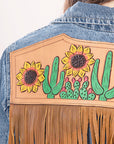 ADJKT007 Genuine leather Hand tooled hand carved Women 100% cotton Denim jacket  dress ladies girl