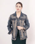 ADJKT011 Genuine leather Hand tooled hand carved Women 100% cotton Denim jacket  dress ladies girl