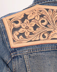 ADJKT011 Genuine leather Hand tooled hand carved Women 100% cotton Denim jacket  dress ladies girl