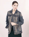 ADJKT011 Genuine leather Hand tooled hand carved Women 100% cotton Denim jacket  dress ladies girl