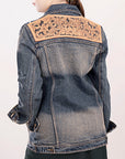 ADJKT011 Genuine leather Hand tooled hand carved Women 100% cotton Denim jacket  dress ladies girl