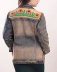 ADJKT012 Genuine leather Hand tooled hand carved Women 100% cotton Denim jacket  dress ladies girl