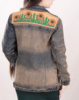 ADJKT012 Genuine leather Hand tooled hand carved Women 100% cotton Denim jacket  dress ladies girl