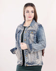 ADJKT014 Genuine leather Hand tooled hand carved Women 100% cotton Denim jacket  dress ladies girl