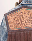 ADJKT014 Genuine leather Hand tooled hand carved Women 100% cotton Denim jacket  dress ladies girl