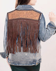 ADJKT014 Genuine leather Hand tooled hand carved Women 100% cotton Denim jacket  dress ladies girl