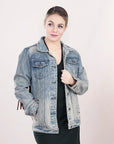 ADJKT015 Genuine leather Hand tooled hand carved Women 100% cotton Denim jacket  dress ladies girl
