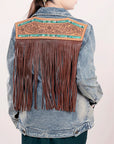 ADJKT015 Genuine leather Hand tooled hand carved Women 100% cotton Denim jacket  dress ladies girl