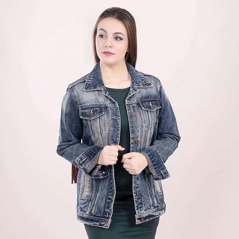 ADJKT016 Genuine leather Hand tooled hand carved Women 100% cotton Denim jacket  dress ladies girl