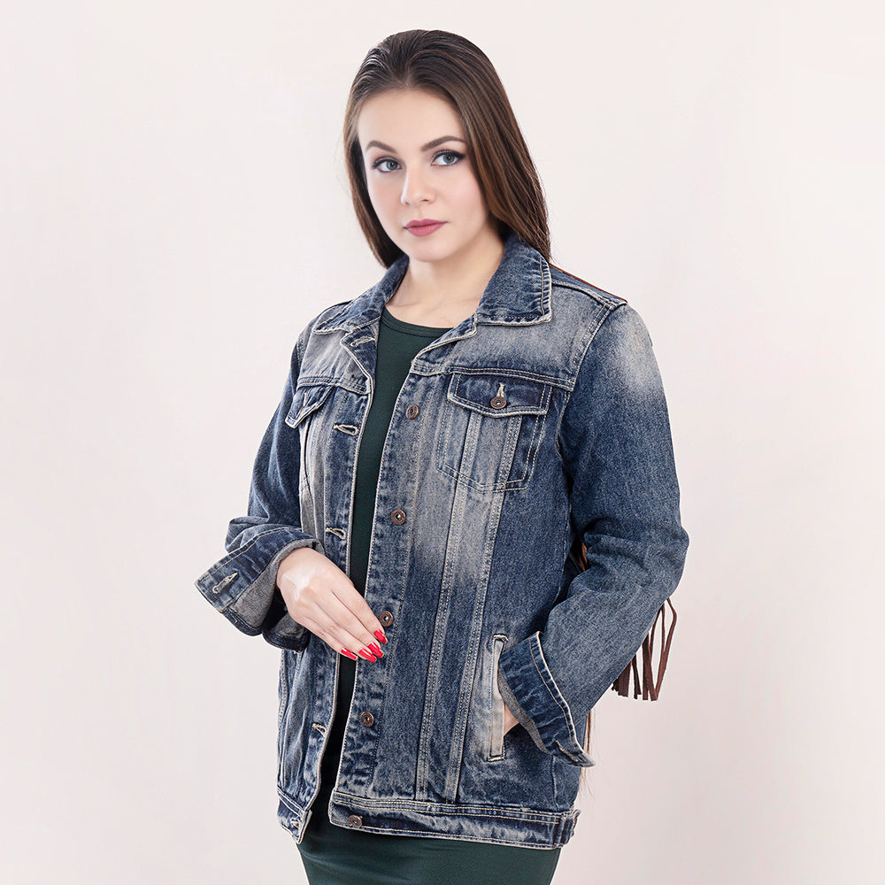 ADJKT016 Genuine leather Hand tooled hand carved Women 100% cotton Denim jacket  dress ladies girl