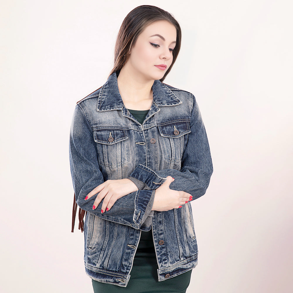 ADJKT016 Genuine leather Hand tooled hand carved Women 100% cotton Denim jacket  dress ladies girl