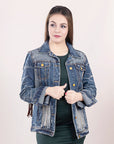 ADJKT017 Genuine leather Hand tooled hand carved Women 100% cotton Denim jacket  dress ladies girl