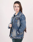 ADJKT017 Genuine leather Hand tooled hand carved Women 100% cotton Denim jacket  dress ladies girl