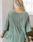 Ensley Tie Split Neck Textured Ruffle Patchwork Blouse