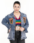 ADJKT001 Genuine leather Hand tooled hand carved Women 100% cotton Denim jacket  dress ladies girl